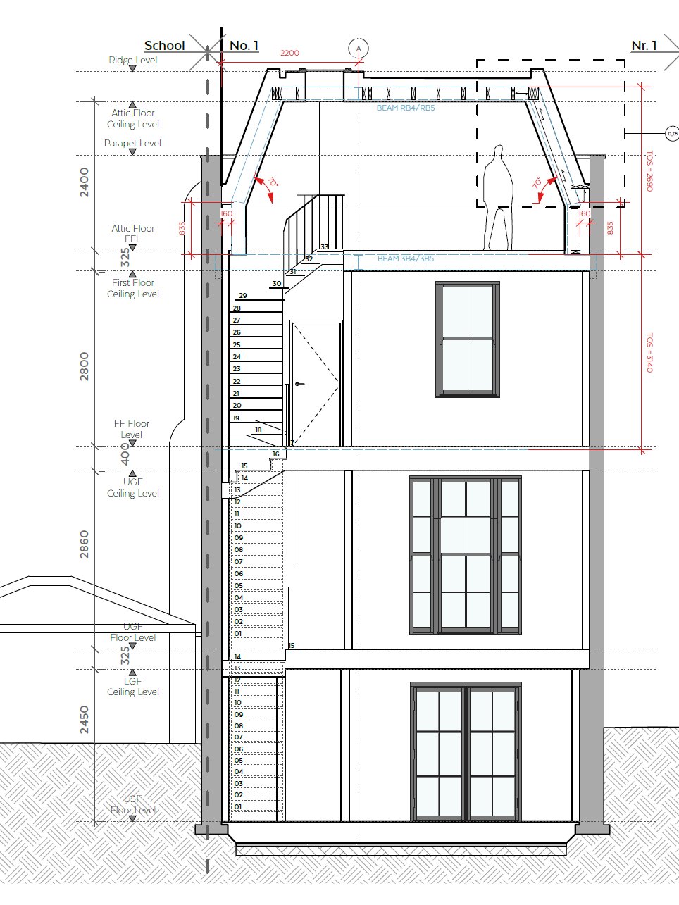 Approved architectural section through the townhouse, showing the mansard roof and internal levels